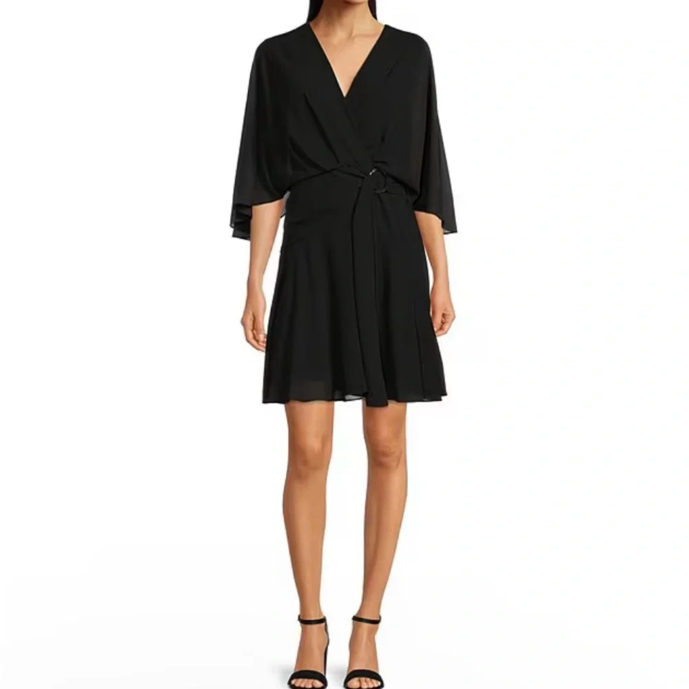 Alex Marie Carissa Chiffon V-Neck 3/4 Flutter Cape Sleeve Belted A-Line Dress